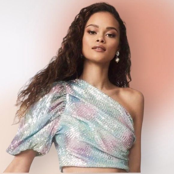 ELLIATT Evora Pastel Sequined One Shoulder Crop Top Size Medium Reg 6 NWT - Picture 1 of 14